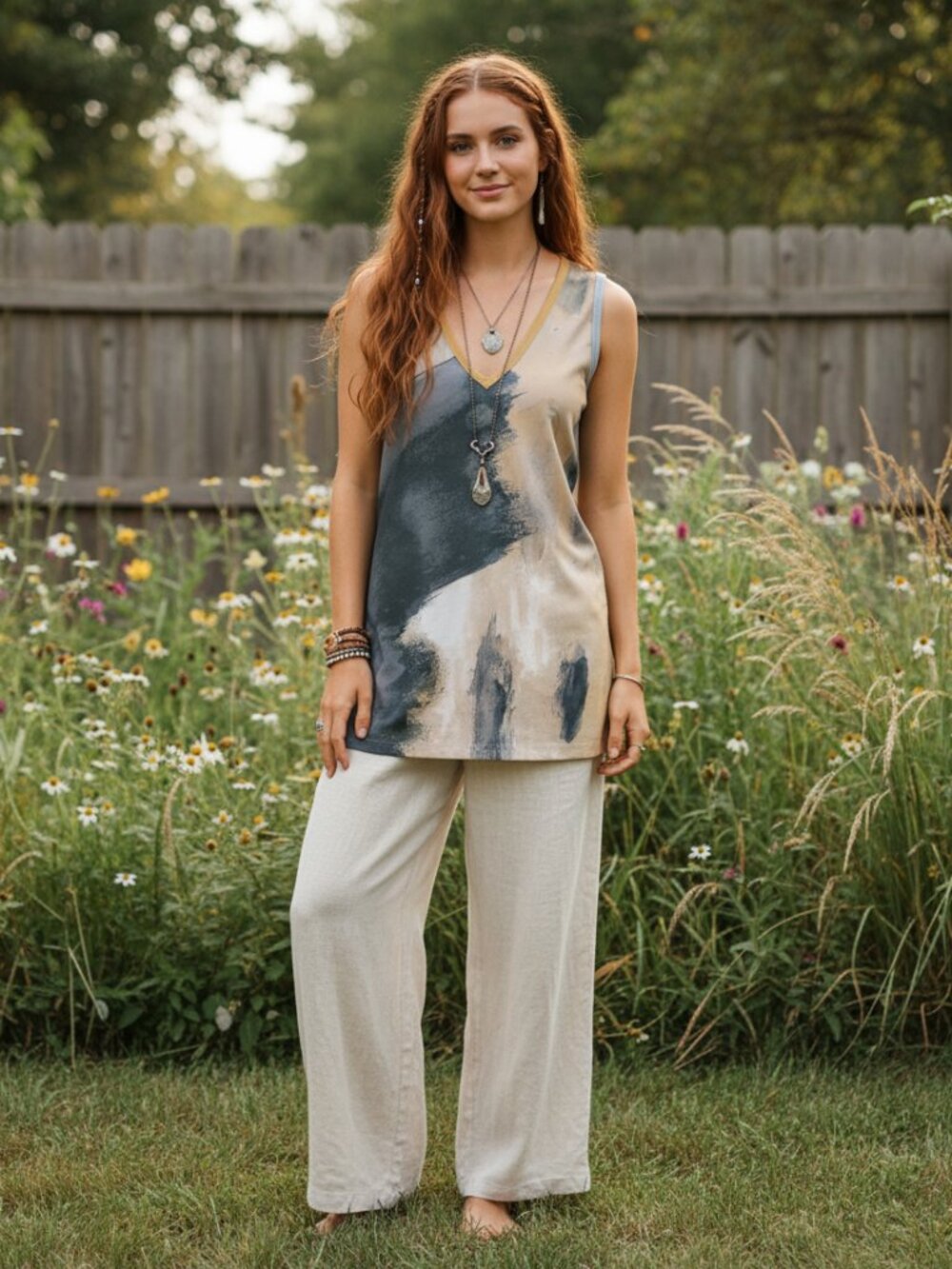 Zara S Yellow Beige Green Gray Watercolor V Neck Tunic Tank Top Boho Abstract